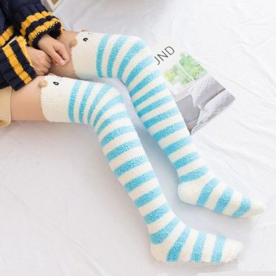 Thigh High Fleece Cute Blue Stripped Animal Fuzzy Socks