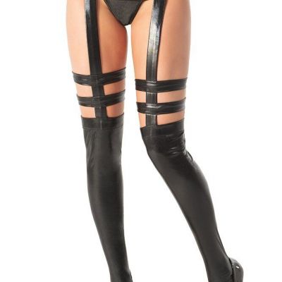 Women's Wet Look Strappy Stockings with Attached Garter Belt, Black, One Size