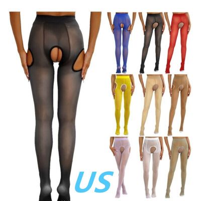 US Womens Sheer Glossy Silky Pantyhose Tights Open Crotch High Elastic Stockings