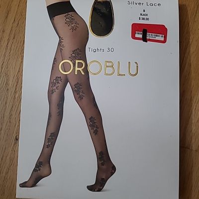 New Women's OROBLU Paisley  Silver Lace Sheer Tights 20 Den Black Size S