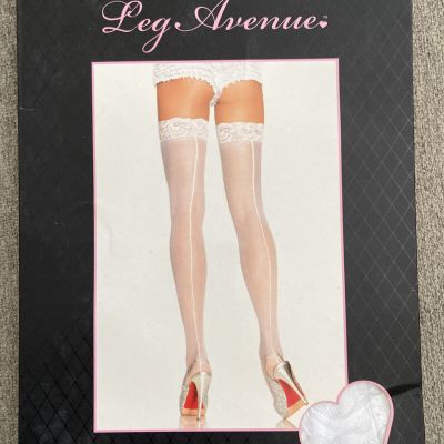 Leg Avenue Sheer White Lace Top Stockings with Backseam 90-160 Lbs Style 1101
