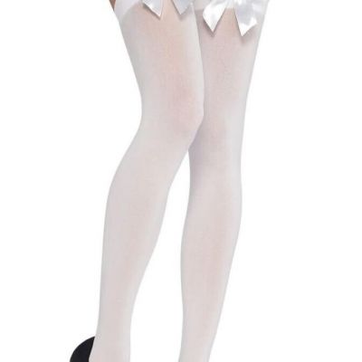 White Thigh High Stockings Opaque Satin Bow Sexy Hosiery Womens Socks