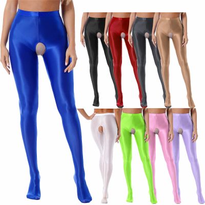 Women's Glossy Crotchless Pantyhose Yoga Pants Sports Trousers Tights Stockings