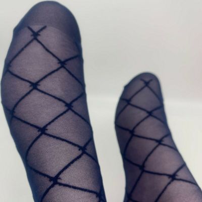 6 pr Thigh High Stockings -ONE SIZE- Navy Sheer Diamond, elastic band-Samples