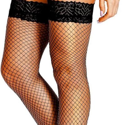 HONENNA Fishnet Thigh High Stockings, 20+ Colors Silicone Lace Top Stay Up Nylon