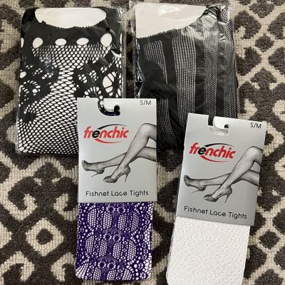 NEW UNOPENED - Set of 4 pairs S/M LaceFishnet tights 2 Black, 1 Purple, 1 White
