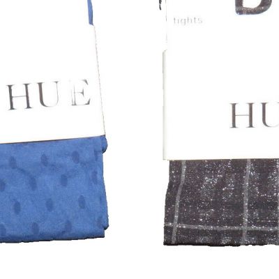 Hue 2 Pair Tights Women's M-L, Black Shimmery Plaid, Blue Dot