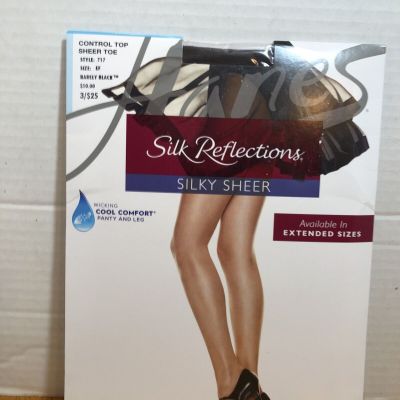 Hanes Silk Reflections Sheer Toe Control Top Pantyhose Size EF Barely Black