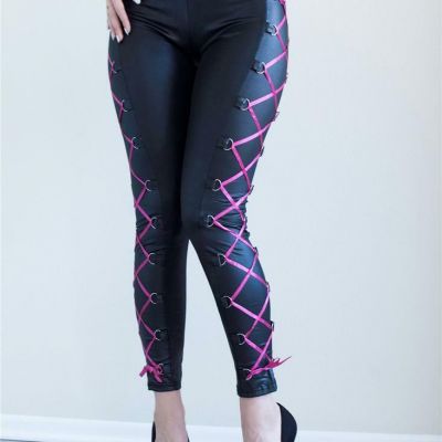 Black with Hot Pink Lace Ups Wetlook Stretch Leggings