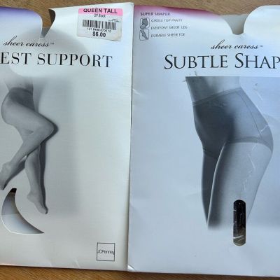 JC PENNEY Pantyhose 2 Pc Taupe Girdle Sheer, Off Black Control Top Queen Tall