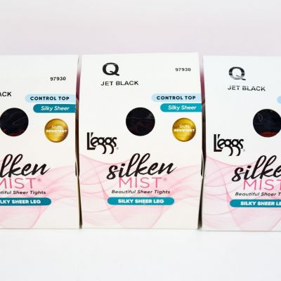 3 L'eggs Silken Mist Silky Sheer Leg Control Top Run Resistant JET BLACK Size Q