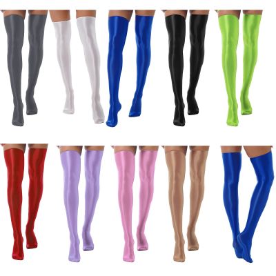 Womens Glossy Thigh High Stockings Solid Color Stretchy Socks Costume Accessory