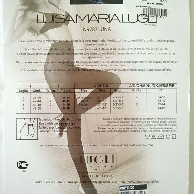 Luisa Maria Lugli Luna Classic Sheer Tights 40 Den Light Black Pantyhose Size S