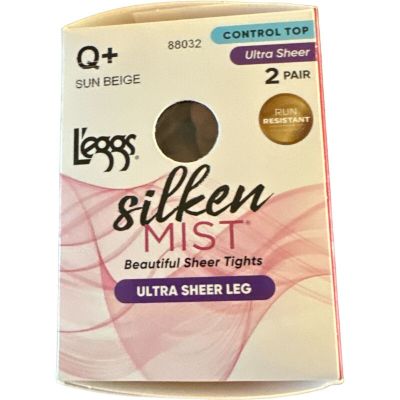 Leggs Control Top Silken Mist Ultra Sheer Leg Pantyhose Size Q+ Sun Beige 2 Pair