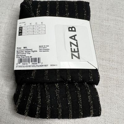 Zeza B Tights Metallic Gold Striped Black Tights Control Top Size M/L New