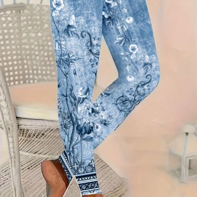 Elegant Plus Size Floral Print Leggings for Women - High-Waist, Stretchy &