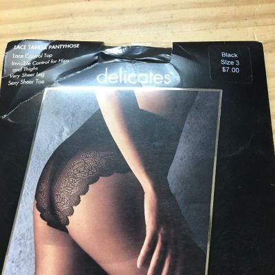 Delicates Black Nylon Lace Tanga Pantyhose Very Sex Sheer Control Top Sz 3 USA