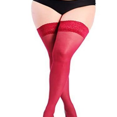 DancMolly Plus Size Thigh High Stockings Semi Sheer Lace Top Stay Up burgundy
