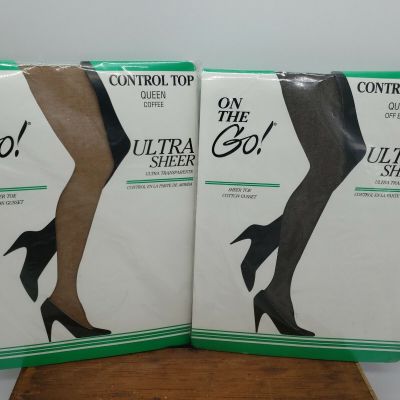 2 On The Go Sheer Toe Control Top Ultra Sheer XL Queen  Hosiery Coffee/Off Black