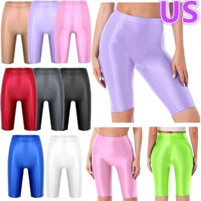 US Womens Sexy Glossy Shiny Shorts Tights Short Pants Yoga Active Biker Sports