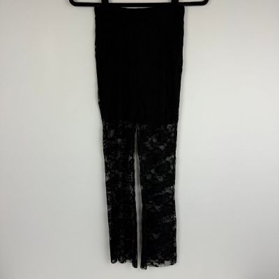 Womens Floral Contrast Lace High Waist Gothic Sheer Black Flare Leggings Pants