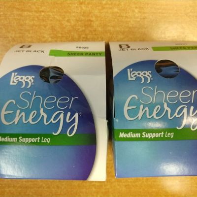 2 Pairs: L’eggs Sheer Energy Sheer Top & Toe Tights Size B JET BLACK 13E-1943
