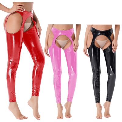 US Women's Faux Leather Wet Look Cutout Leggings Skinny Suspender Pants Trousers
