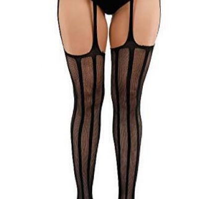 Womens High Waist Patterned Fishnet Tights Suspenders Pantyhose Thigh Black_a2