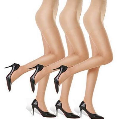3 Pairs Women's Sheer Tights - 20D Control Top Pantyhose with Small Nude