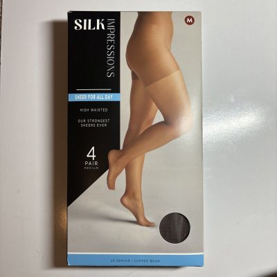 Silk Impressions Pantyhose, Control Top, Sheer 4Allday, 4-Pack, MED, Coffee Bean