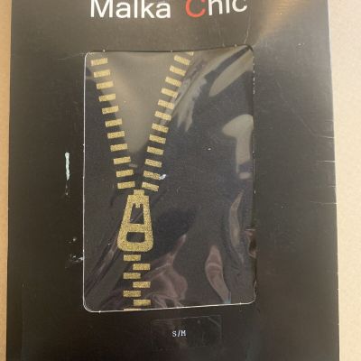 NWT Malka Chic Italian Black Stocking Tights S/M Small Medium Gold Zipper Print