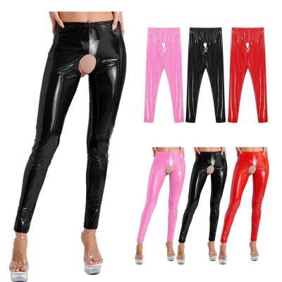 US Women's Wetlook Leather Cutout Open Crotch High-Waisted Tights Pants Clubwear