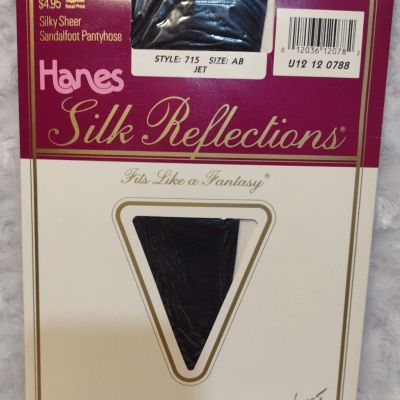 Vintage HANES SILK REFLECTIONS Silky Sheer Pantyhose AB JET BLACK Sandalfoot 715