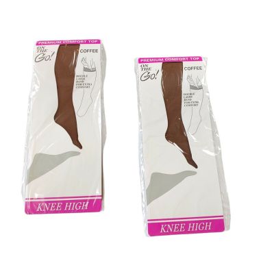 ???? 2 Pair COFFEE Knee High Pantyhose Nylon Doble Layer Band Premium Comfort