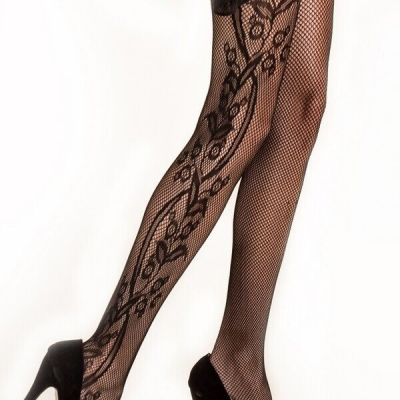 KILLER LEGS Lady's Side Whimsical Floral Inset Fishnet Tights One Size Black