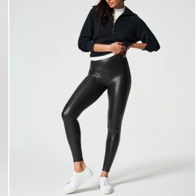 Spanx Shape Black Faux Leather Leggings Women's Small S Slimming Shaping Fitted