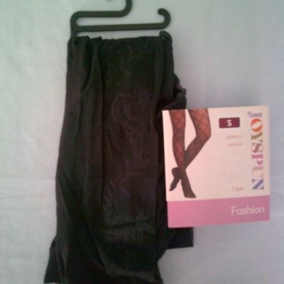 Joyspun ONE PAIR Sz S Sheer Black Pantyhose Floral Design on Sides NIP