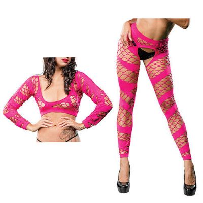 Beverly Hills Naughty Girl Crotchless Mesh & Fishnet Leggings Pink O/s
