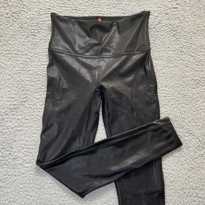 Spanx Leggings Womens Large Black Shiny Slimming Faux Leather 2437