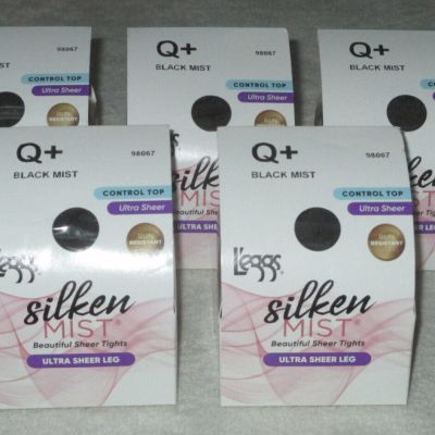 L'eggs Q+ Black Mist Silken Mist Control Top Ultra Sheer Beautiful Tights 5 Pair