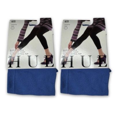 HUE Iris Blue Super Opaque Footless Control Top Tights Womens Sz 1 U10951 2 Pair