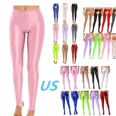 US Womens Glossy Silk Tights Pants Pantyhose Open Crotch Stretchy Skinny Pants