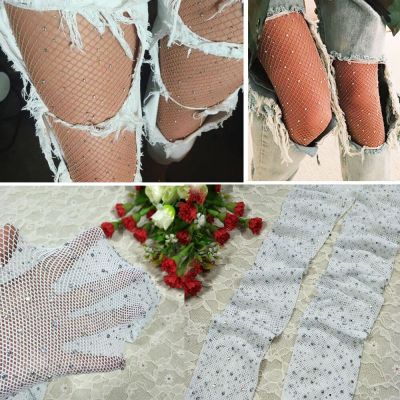 Women’s White Fishnet Mini Diamond Net Stockings Rhinestone Full Tight Pantyhose