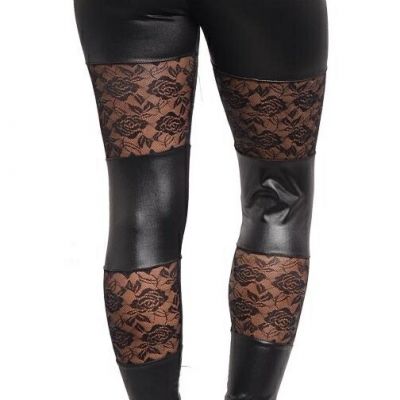 Black Lace Inset Shiny Liquid Leather 'Pleather' Wet Look Leggings Pants S M L
