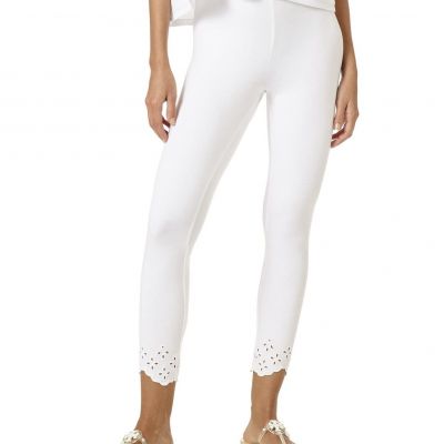 HUE Women?s Fashion Cotton Capri Leggings, White - Scalloped Flower Design,