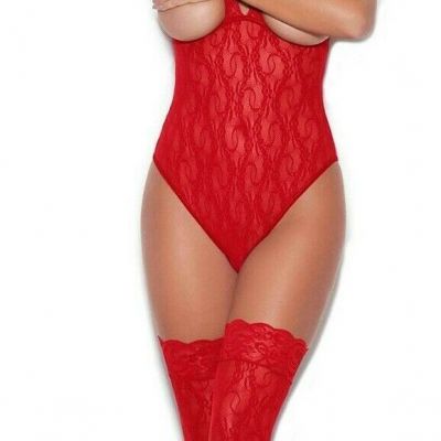 Lingerie Red Cupless Lace Teddy Thigh Hi Stockings O/S S - L