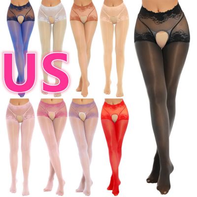 US Women Lace Patchwork Pantyhose Footed Silk Open Crotch Stockings Tight Pants