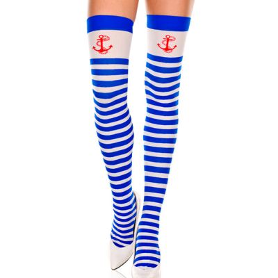 Lingerie Thigh Hi Stockings Size Regular Blue and White Opaque w/ Anchor ML4681