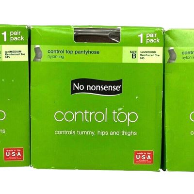 No Nonsense 3 Pair Control Top Nylon Reinforced Toe Pantyhose Size B Tan/Medium