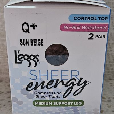 2 Pair Leggs Sheer Energy Compression Tights Medium Support Leg Sun Beige Q+ NEW